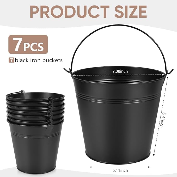 OBTANIM 7 Pack Black Metal Buckets with Handle Galvanized Ice Pails for Plants, Succulents, Party Favors Organizing, Rustic Home Decor or Classrooms Pencil Storage (7.1 x 5.2 inch)
