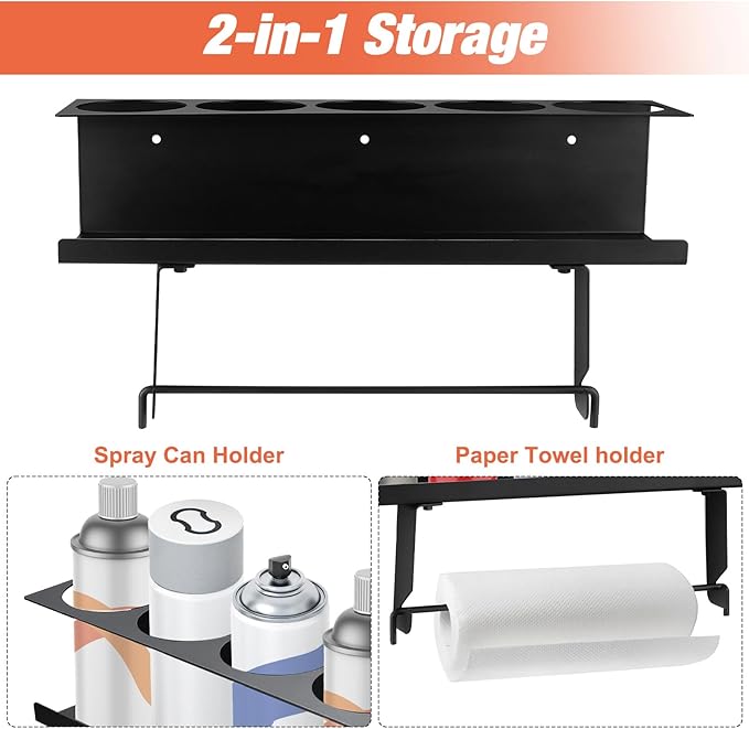 RealPlus Aerosol Spray Can Holder with Paper Towel Holder, 5 Cans Wall-Mounted Heavy-Duty Steel Spray Bottle Holder Rack Organizer for Garage and Workspace, Pack of 3