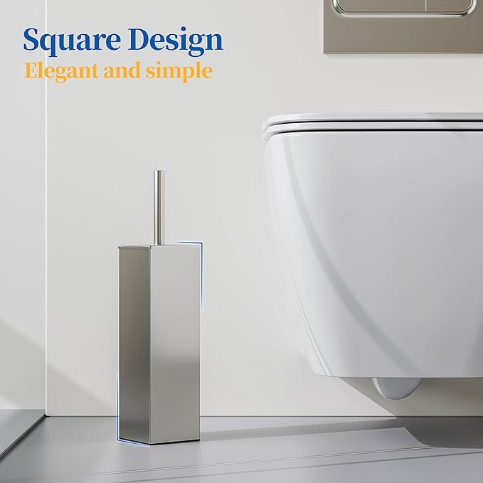RUACQ Toilet Brush and Holder Set,Square Toilet Bowl Brush for Bathroom with 304 Stainless Steel Handle Toilet Cleaner Brush with Durable Scrubbing Bristles,Splash-Proof (Brushed Nickel)