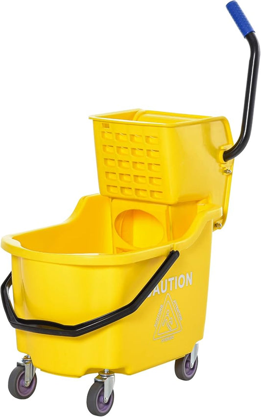 HOMCOM Mop Bucket Cart with Side Press Wringer, Metal Handle and 34 Quart Capacity, Yellow