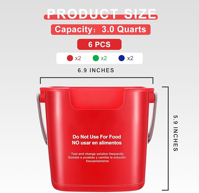 Roshtia 6 Pcs 3 Quart Cleaning Bucket Small Sanitizing Square Bucket Detergent Pail for Home Commercial Restaurant Kitchen Office School(Red, Blue, Green)