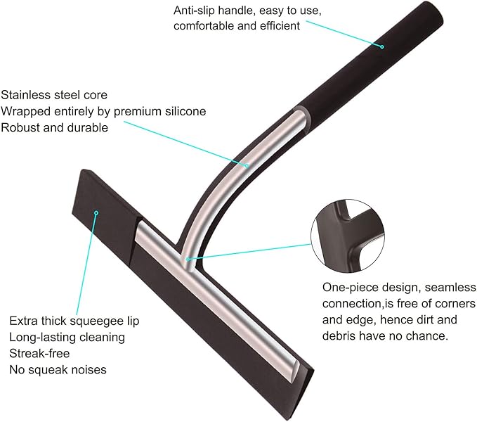 Shower Squeegee,Matte Black 9-inch,Stainless Steel Core. Streak-Free Cleaning, No Squeak Noises,Silicone Rubber Squeegees for Shower Glass Door, Shower Cleaner,Glass Wiper
