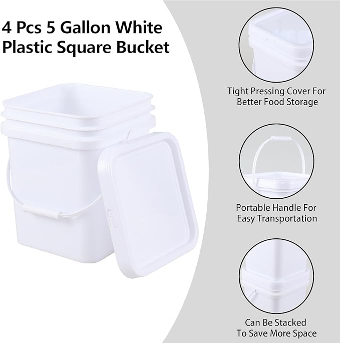 5 Gallon White Square Bucket with Lid and Handle, 4 Pcs Plastic Square Food Storage Pail with Handle