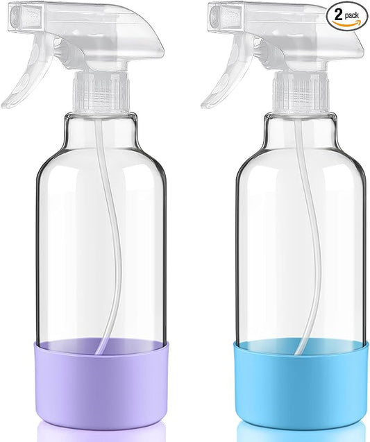 Glass Spray Bottles with Silicone Sleeve 16.9oz 2 Pack Empty Spray Bottle for Hair Mist/Stream Spraying for Cleaning Solutions, Plants, Essential Oils (clear-sblue&purple)