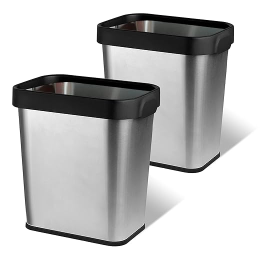 2 Pack Stainless Steel Trash Can 3 Gallon, Open Top Trash Can, 8" x 11" x 13", Rectangle Rubbish Bin, Slim and Narrow, No Lid Small Wastebasketfor Kitchen, Bathroom, Living Room, Office