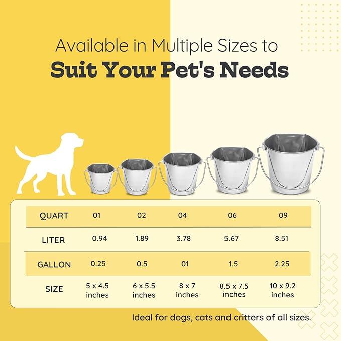 4 Quart Stainless Steel Flat Side Bucket | Durable Heavy Duty Food & Water Feeding Pails for Birds Dogs Cat Goat | Fits kennels Cages Critter Crates Hanging Pet Pail | Multipurpose Bucket