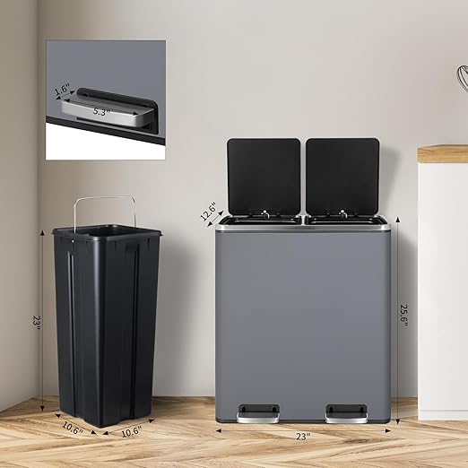 16 Gallon Rectangular Stainless Steel Trash Can, Dual Compartment Garbage Bin with Recycling Combo, Metal Dustbin Lid, Removable Liner, Indoor Hands Free Waste Bucket for Kitchen Home