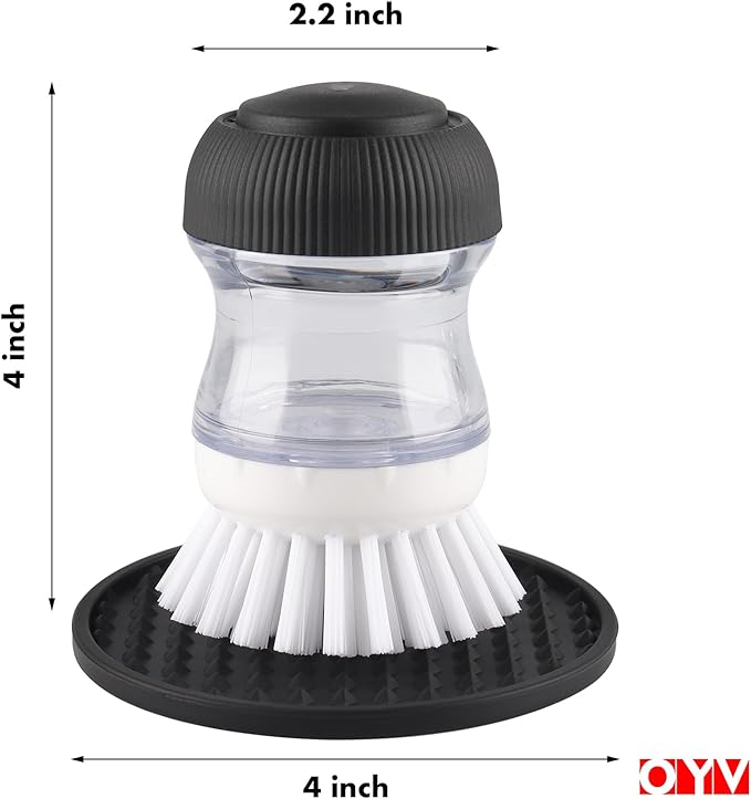 Soap Dispensing Palm Brush, Dish Brush Set with Silicone Drip Tray and One Refill, Kitchen Dish Scrub Brush for Cleaning Pots, Pans, Sinks