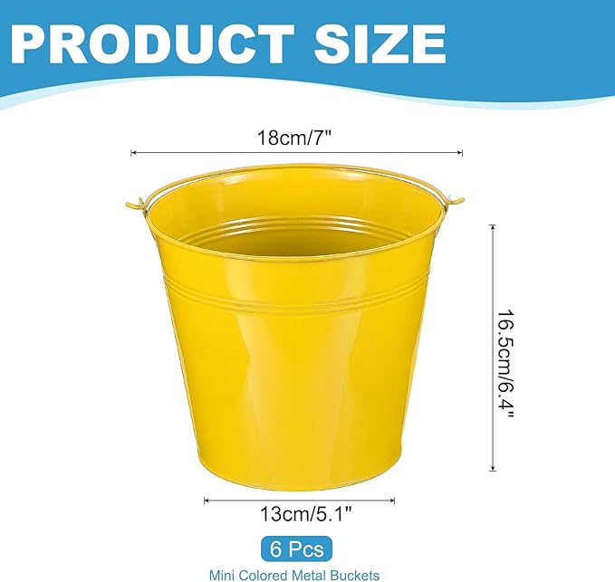 PATIKIL 7"x6.2" Small Metal Buckets with Handle, 6 Pcs Mini Galvanized Bucket Colorful Easter Buckets for Crafts Party Favors Decoration, Yellow