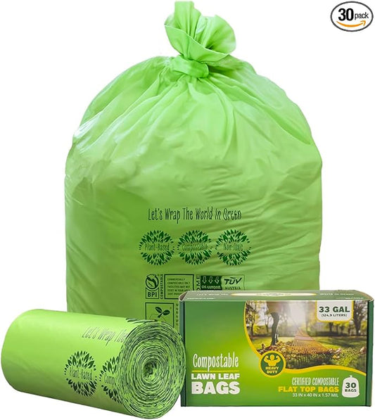 30-33 Gallon Compost Bags 30 Bags Yard Waste Bags Flat-Top Liners Compostable Trash Bags Heavy Duty Extra Thick 1.57 Mil, 124.92 Liter Lawn and Leaf Bags BPI ASTM D6400 and OK Compost Home Certified