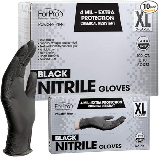 ForPro Professional Collection Disposable Nitrile Gloves, Chemical Resistant, Powder-Free, Latex-Free, Non-Sterile, Food Safe, 4 Mil, Black, X-Large, 1000-Count