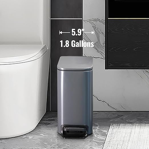 ELPHECO Bathroom Trash Can with Lid Soft Close 1.8 Gallon / 6.8 Liter Stainless Steel Garbage Can Slim Step with Removable Bucket for Bathroom, Office, Bedroom, Matte Grey