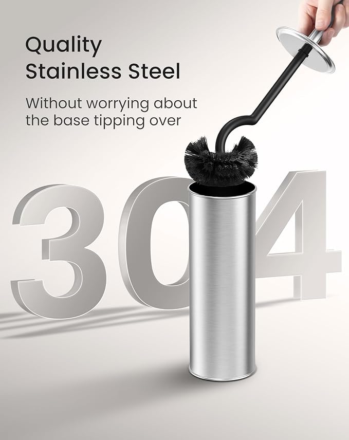 Cesun Toilet Brush and Holder Set - Curved Design Toilet Brush for Deep Cleaning Under Rim, 304 Stainless Steel Toilet Bowl Brush and Holder for Bathroom, Rv, Silver(2 Replaceable Brush Head Included)