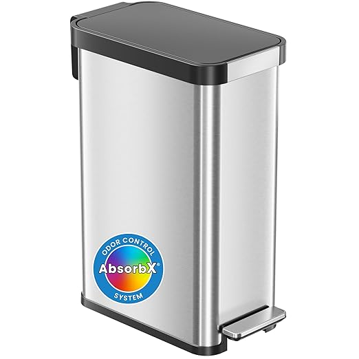 iTouchless SoftStep 13.2 Gallon Slim Step Pedal Trash Can with Odor Filter, Elongated Stainless Steel Recycling Bin, Space-Saving Garbage Trashcan, 50 Liter Home Office Bedroom Livingroom Wastebasket