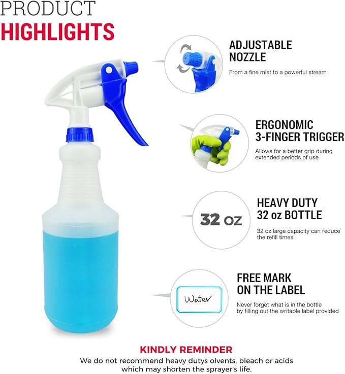 3X High Output Heavy Duty Spray Bottles for Cleaning Solutions, 3 Pack, 32 oz Professional Industrial Spray Bottles for Commercial, Household Cleaning and Car Detailing.