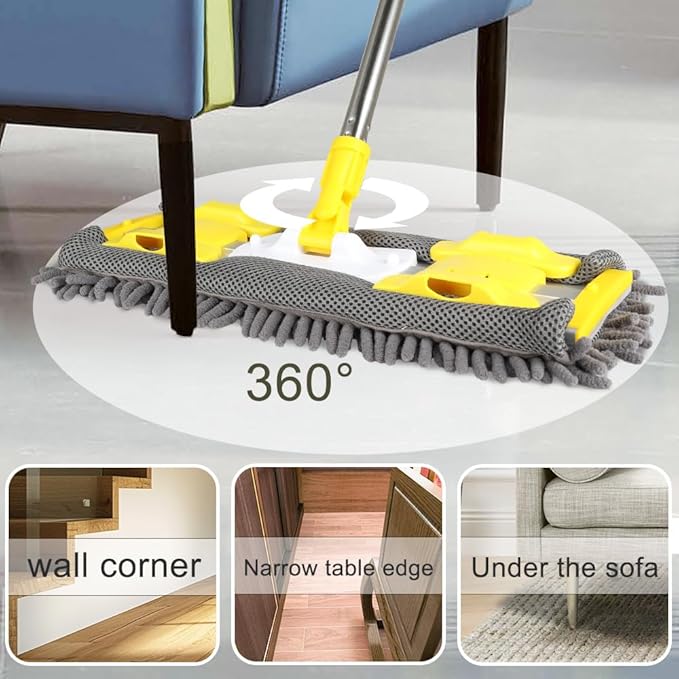 Flat Dust Mop for Floor Cleaning with Microfiber & Chenille Washable Pads and 1 Dirt Removal Scrubber,Wet&Dry Floor Mop with Adjustable Long Handle for Home,Hardwood,Laminate,Tile,Marble