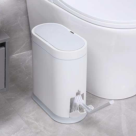 ELPHECO Bathroom Trash Can with Toilet Brush 2.5 Gallon Waterproof Trash Bin Smart Garbage can with lid Motion Sensor Waste Bin Automatic Bathroom Decor (White)