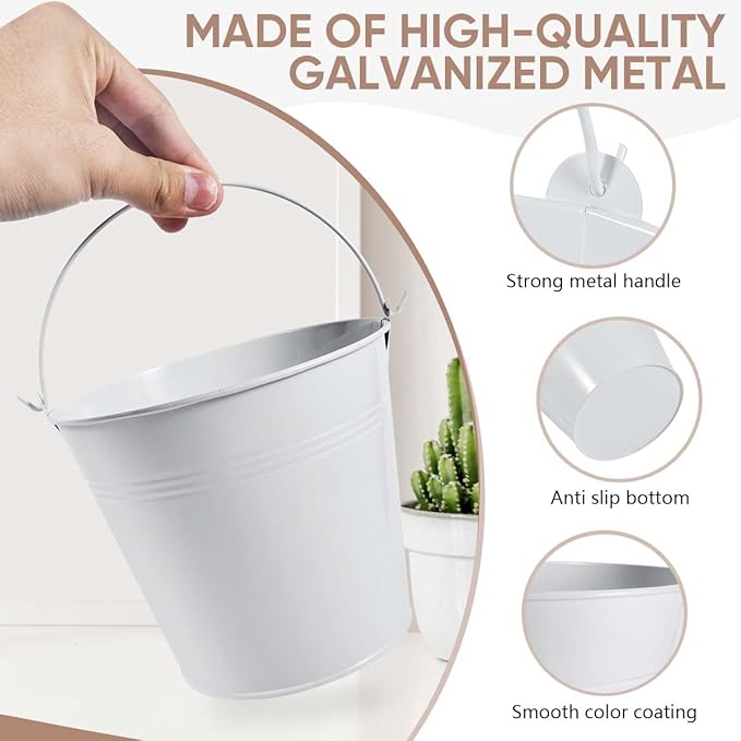 OBTANIM 7 Pack White Metal Buckets with Handle Galvanized Ice Pails for Plants, Succulents, Party Favors Organizing, Rustic Home Decor or Classrooms Pencil Storage (6 x 4.4 inch)