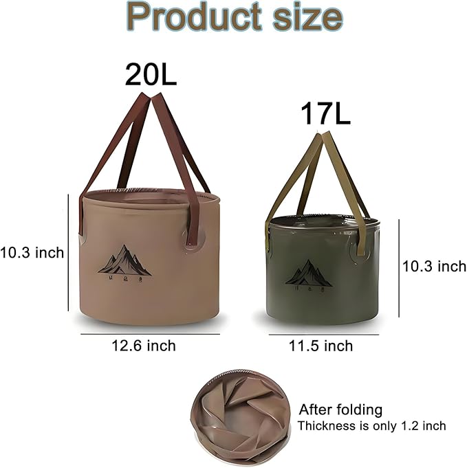 2Pcs Collapsible Bucket with Handle, 9 Gallon(20L+17L), Multifunctional Water Basin, Folding Tub, Portable Bin, Ultra Lightweight Outdoor Basin Bucket, Folding for Fishing, Camping, Hiking