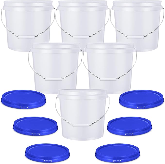 6 Pack 2 Gallon Plastic Bucket with Lid Heavy Duty Pail with Metal Handle Reusable Small Multipurpose Paint Buckets Container for Food Storage(White)