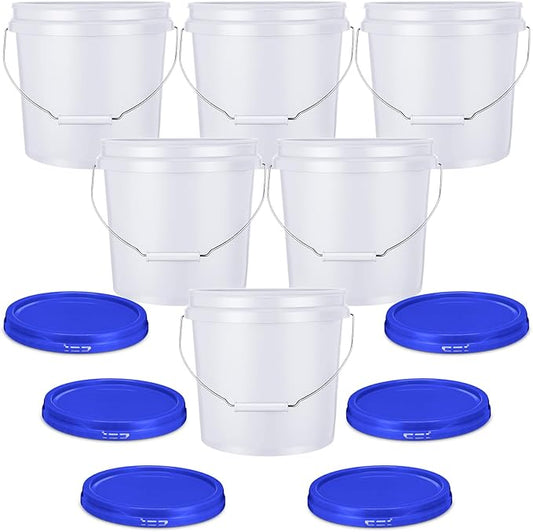 6 Pack 2 Gallon Plastic Bucket with Lid Heavy Duty Pail with Metal Handle Reusable Small Multipurpose Paint Buckets Container for Food Storage(White)