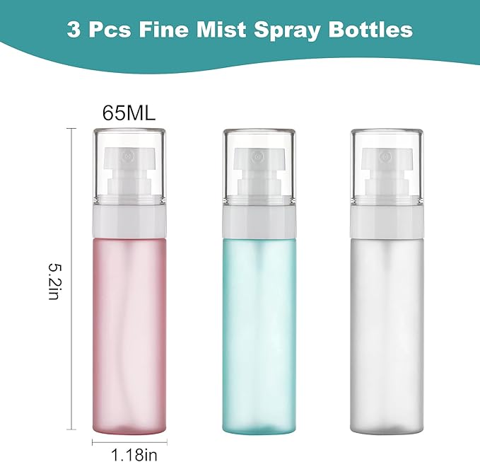 Travel Spray Bottles TSA Approved 3 Pack (2.2oz/65ml), Leak Proof Fine Mist Refillable Empty Plastic Spray Bottles for Perfume, Essential Oils, Toners, Hair & Face Mist (65 ml)