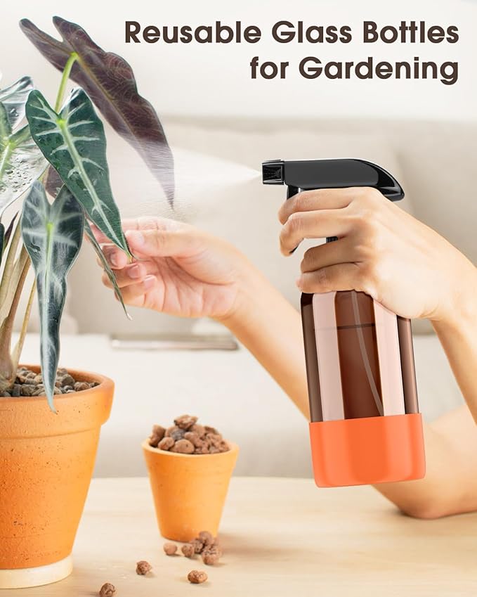 Glass Spray Bottle with Silicone Sleeve Protection, Amber Glass Spray Bottle Set for Window Cleaner Aromatherapy Facial Hydration Watering Flowers Hair Care 2 Pack/16 oz (White & Orange, 16 oz)