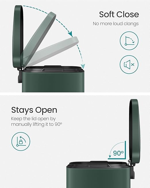 SONGMICS Trash Can with Lid, 8 Gallon Garbage Can, Stainless Steel Small Waste Bin with Step Pedal and Inner Bucket, Soft Close, Kitchen, Retro Green ULTB003C01