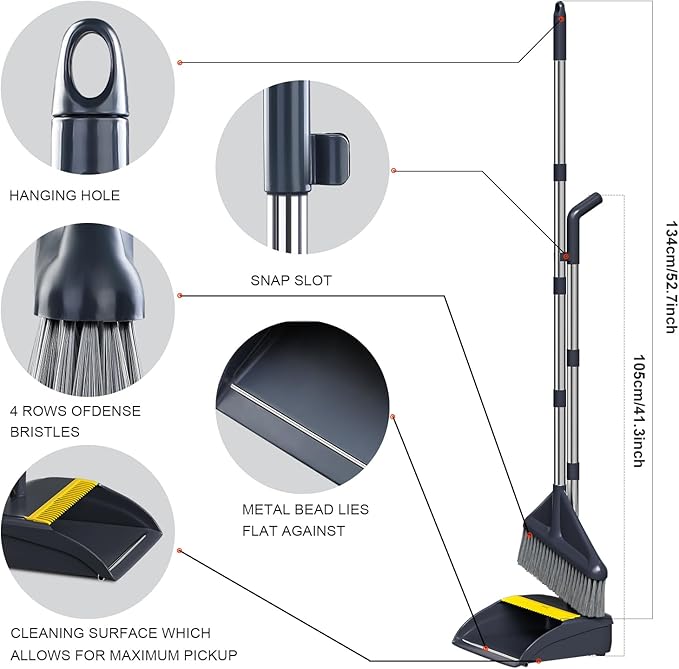 MOPUP Broom and Dustpan Set, 52 inch Long Adjustable Handle Broom with Dustpan Teeth to Self-Cleaning Clean Hair Suitable for Home Kitchen Office