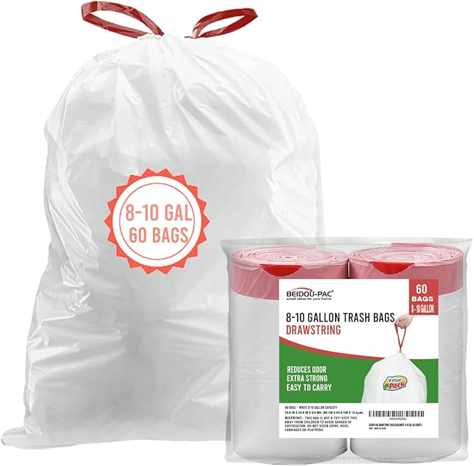 Trash Bags 8-10 Gallon Drawstring, 60 Count Garbage Bags, Large Kitchen Trash Bags, Odorless & Heavy Duty White Plastic Food Scrap Bags for Bathroom Bedroom Office Waste