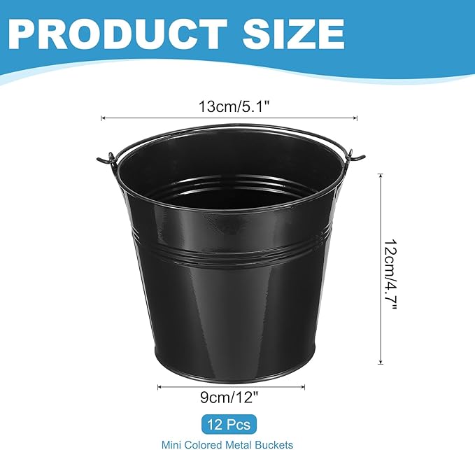 PATIKIL 5.1"x4.7" Small Metal Buckets with Handle, 12 Pcs Mini Galvanized Bucket Colorful Easter Buckets for Crafts Party Favors Decoration, Black