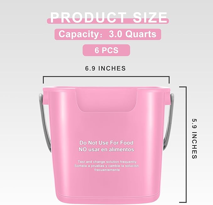 Roshtia 6 Pcs 3 Quart Cleaning Bucket Small Sanitizing Square Bucket Detergent Pail for Home Commercial Restaurant Kitchen Office School (Pink)