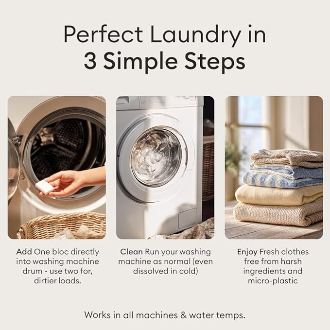 Vove Plastic-Free Laundry Detergent Blocs - 60 Ultra-Concentrated Tablets, Better Than Pods & Sheets - 5-Layer PureStack Technology, 3X Enzyme Power, Fragrance Free, Eco-Friendly