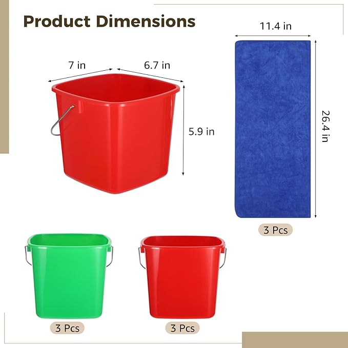 yeesport 6 Pcs Cleaning Buckets, Square Plastic Buckets with Metal Handles, Red & Green Square Caddies, Small Cleaning Pails for Home, Office, and Car Cleaning, 3 Towels Included