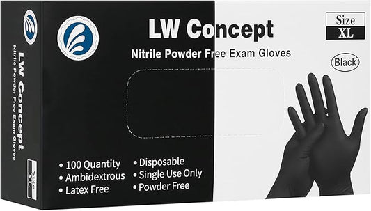 LW Concept - Black Nitrile Examination Gloves - Latex & Powder-Free, Disposable, Strong, Healthcare, Food Handling (Medium)