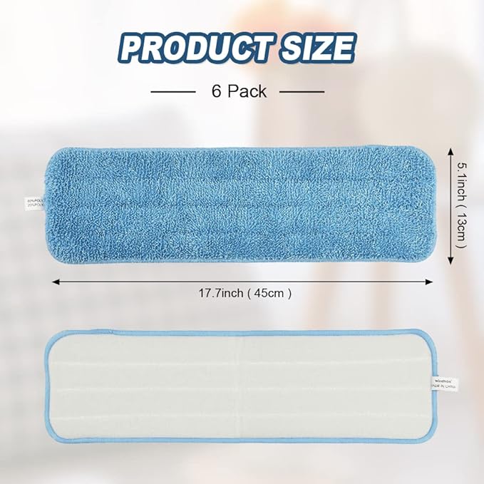 windson 6 Pack 18" Microfiber Mop Pads Washable, Reusable Mop Replacement Heads for 16-18inch Spray Velcro Mop Hardwood Floor Cleaning(6Pack)