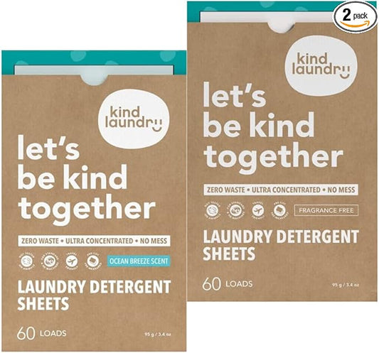 KIND LAUNDRY Detergent Sheets (Ocean Breeze and Unscented) - Washer Soap Strips, Plant Based Liquidless Formula, Zero Waste, Biodegradable, Great for Travel, Camping