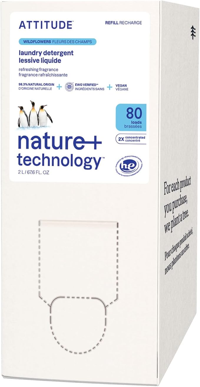ATTITUDE Liquid Laundry Detergent Refill, EWG Verified, HE Compatible, Plant-Based & Vegan, Natural Laundry Soap, Wildflowers Scent, 80 Loads, 67.6 Fl Oz