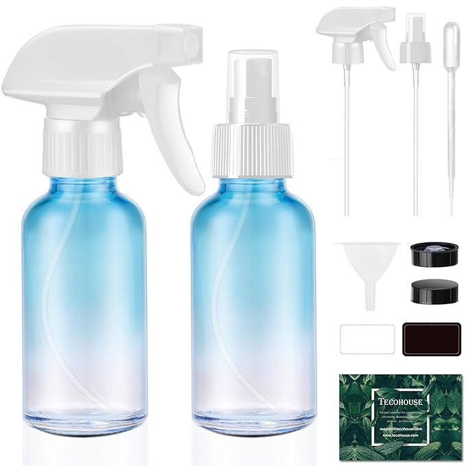 Tecohouse Glass Spray Bottles 4 oz, 2 Pack Spray Bottles for Hair Empty Refillable Fine Mist Sprayer with Labels, Funnel, Pipettes Blue
