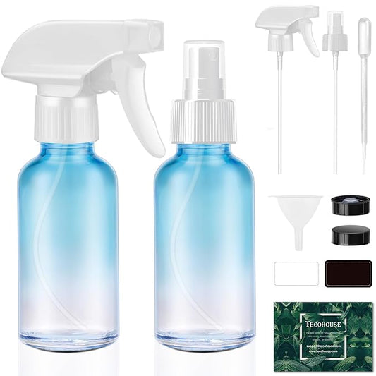 Tecohouse Glass Spray Bottles 4 oz, 2 Pack Spray Bottles for Hair Empty Refillable Fine Mist Sprayer with Labels, Funnel, Pipettes Blue
