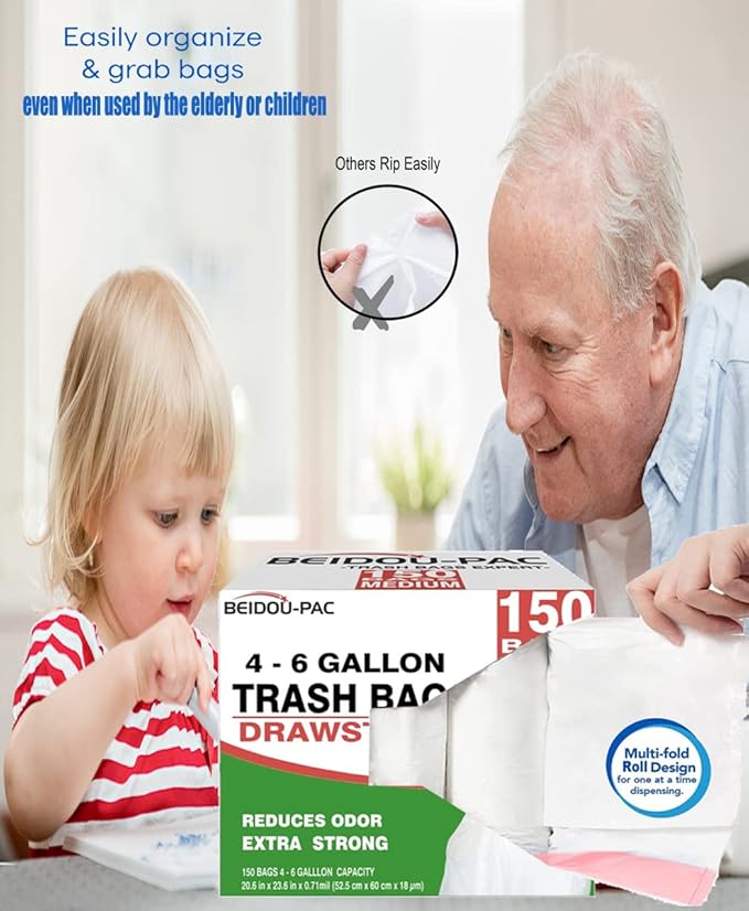 Trash Bags 4-6 Gallon Drawstring, 150 Count, Multifold Roll Garbage Bags, Medium Kitchen Trash Bags, Odorless & Heavy Duty White Plastic Food Scrap Bags for Bathroom Bedroom Office Waste