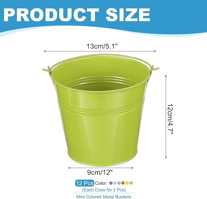 PATIKIL 5"x4.7" Small Metal Buckets with Handle, 12 Pcs Mini Bucket Easter Buckets, Green/Yellow/Orange/Blue/Red/Purple