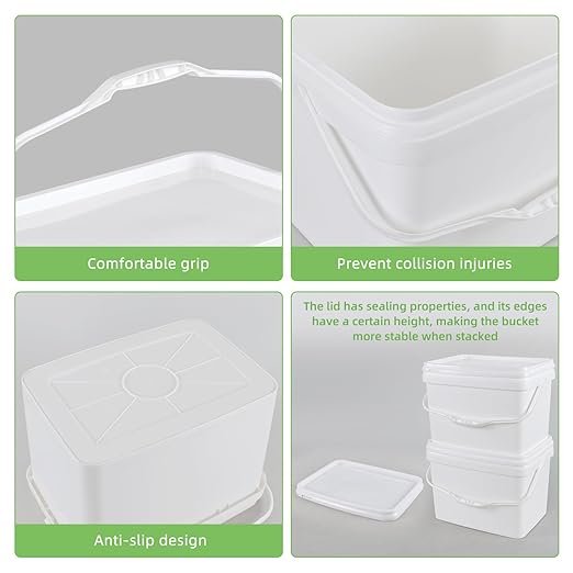 Zopnny 5.2 Gallon Rectangular Plastic Food Container Industrial Pail, 20L Bucket Pail with Plastic Handle and Lid, White, 4 Packs