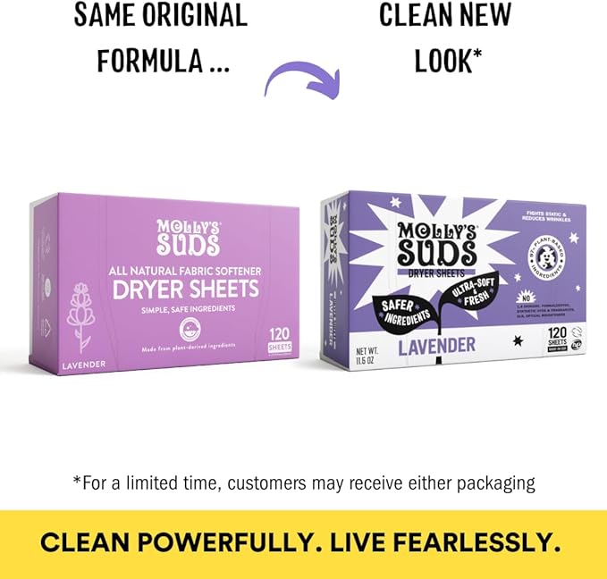 Molly's Suds Fabric Softener Dryer Sheets for Sensitive Skin | Plant-Based Static Reducer, Plastic-Free Packaging | Lavender (120 Sheets)