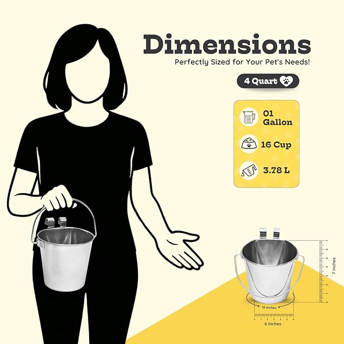 4 Quart Stainless Steel Flat Sided Bucket with Dual Hooks | Durable Food & Water Bowl for Dogs, Cats, Goat & Livestock | Fits kennel Cage Critter Crate Hanging Pet Pail | Multipurpose use
