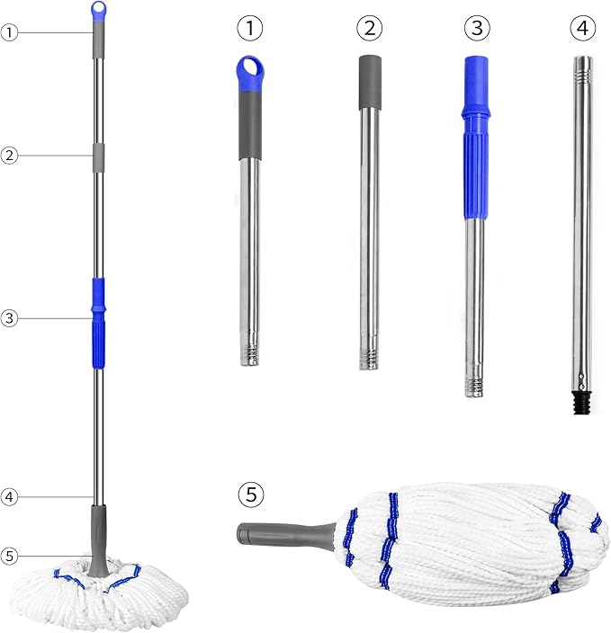 Self Wringing Floor Cleaner with 52.5 Inch Long Handle, Heavy Duty Wet Mop for Hardwood, Tile, Vinyl, Laminate Floors (White)