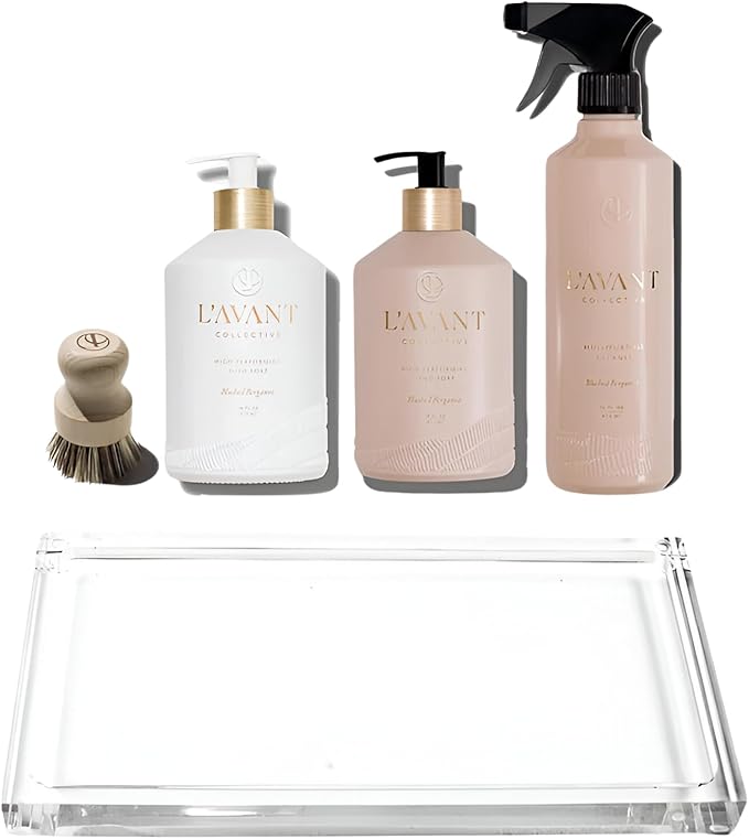 L'AVANT Collective Luxury Home Essentials Bundle High Performing Dish Soap, Hand Soap, Multipurpose Cleaner Spray, Scrub Brush, Lucite Tray Luxurious Ingredients Reusable Bottles (Blushed Bergamot)