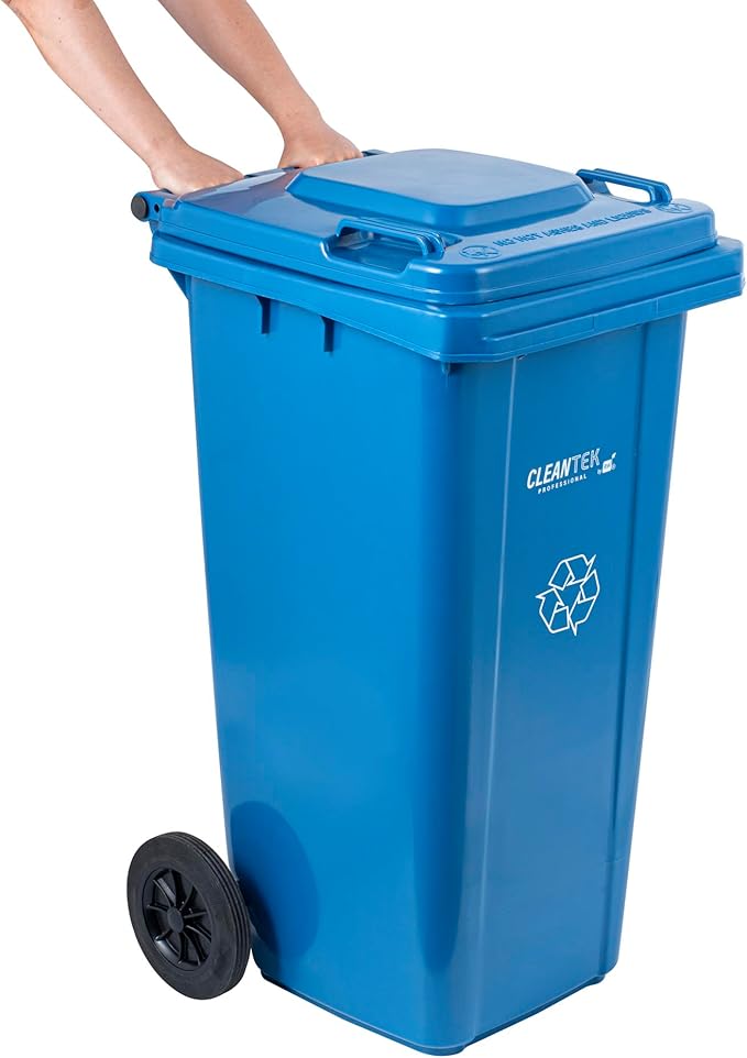 Clean Tek Professional 32 Gallon Trash Can With Wheels, 1 Garbage Can With Lid - Step-On Attachment Sold Separately, Rectangle, Blue Plastic Dustbin, Long-Lasting, For Outdoor - Restaurantware