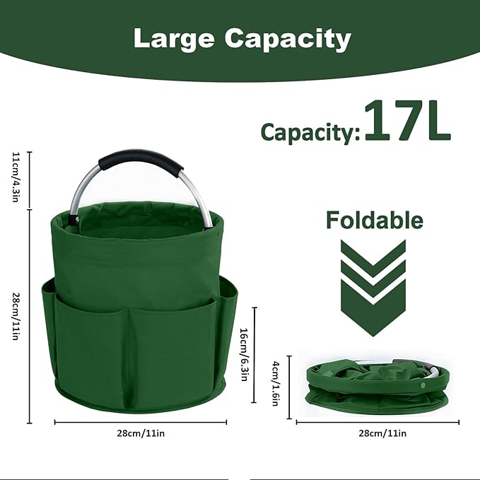 17L Cleaning Caddy with Handle, Cleaning Supplies Organizer, Foldable Storage Basket, Cleaning Supply Caddy, Portable Multi Cleaning Bucket Bag for Home, Garden (Green)
