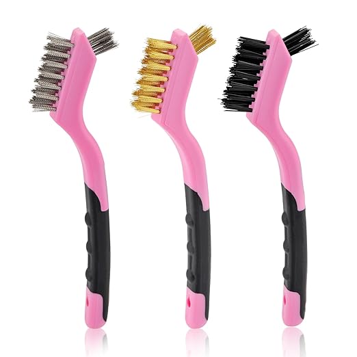 MAXMAN Wire Brush Set 6Pcs Small Wire Brushes Set, Stainless Steel/Brass/Nylon Bristles, Household Deep & Gentle Cleaning Brush, Scratch Brushes for Dirt, Paint Scrubbing, Rust Remover, Pink.